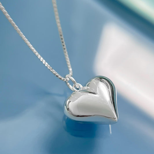 Sterling Silver Heart Necklace – Large Puffed Pendant With Italian Box Chain