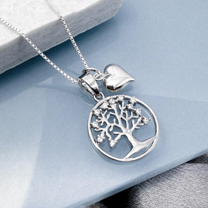 Sterling Silver Tree of Life Necklace for Grandmother, CZ Family Tree Pendant with Heart Charm