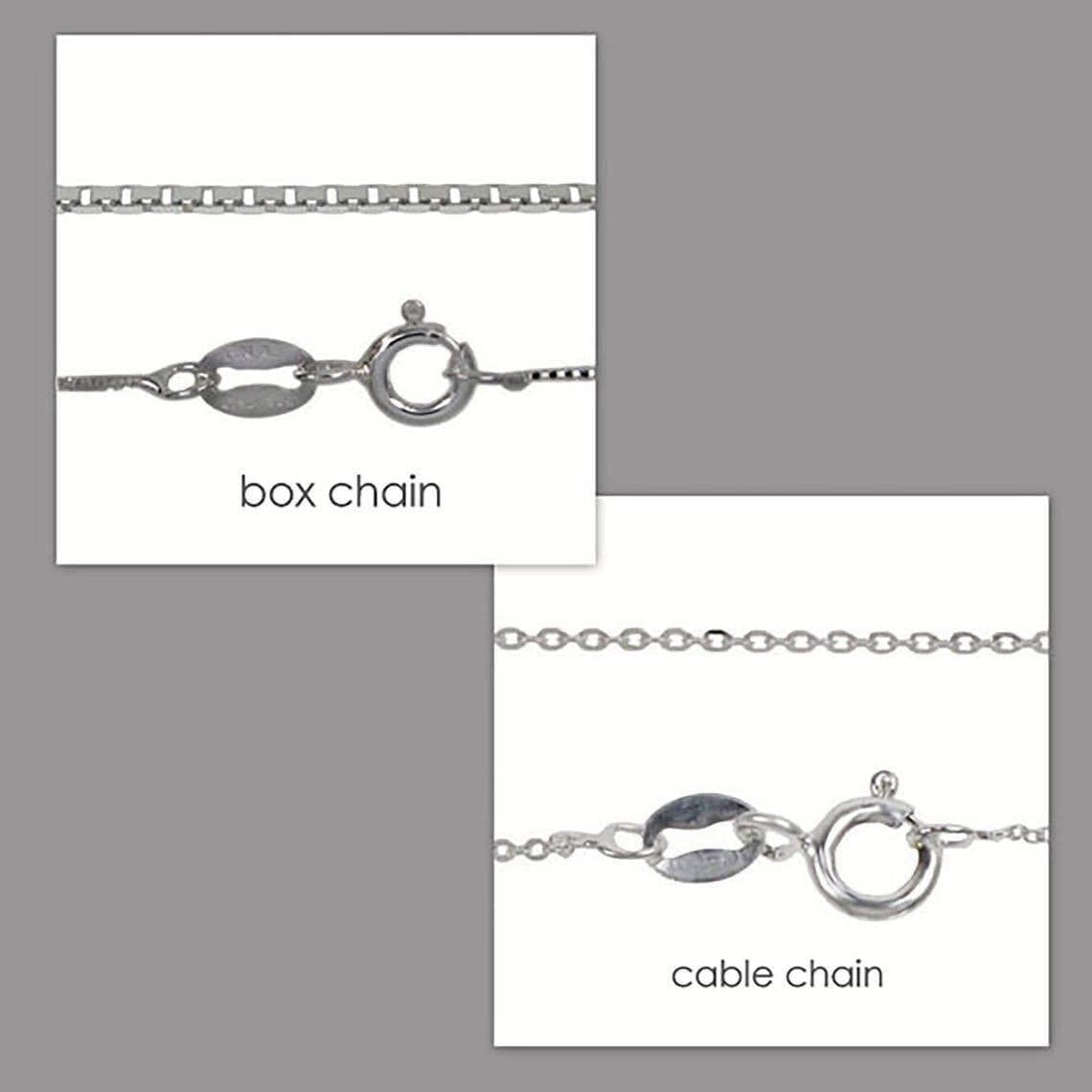 two different types of silver necklace chains: a box chain and a cable chain.