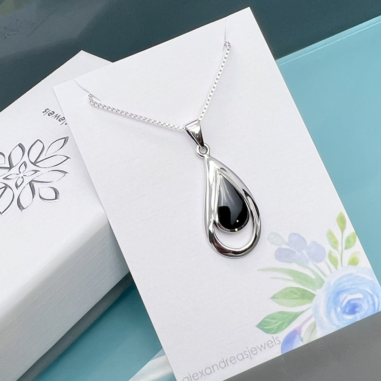 Sterling Silver Black Onyx Teardrop Necklace, Gift for Wife, Girlfriend Gift, Mom Gift Necklace, Anniversary Gift Necklace, Grandmother Gift