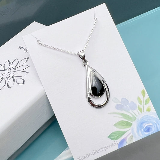 Sterling Silver Black Onyx Teardrop Necklace, Gift for Wife, Girlfriend Gift, Mom Gift Necklace, Anniversary Gift Necklace, Grandmother Gift
