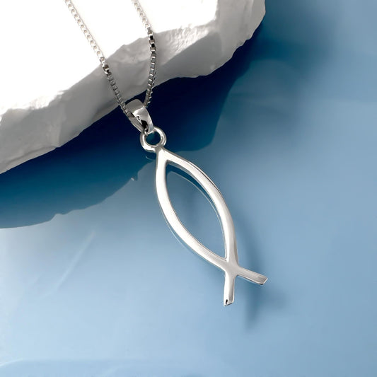 Sterling Silver Ichthus Necklace, Christian Fish Jewelry, Religious Necklace, Ichthus Fish Christmas Present for Women
