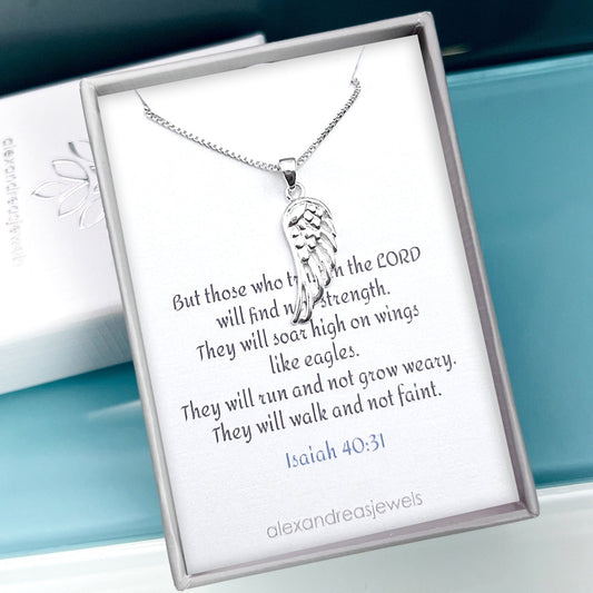 Tiny and Dainty Sterling Silver Wing Necklace, Sympathy Gift Necklace, Remembrance Gift Necklace, Bible Verse Necklace, Isaiah 40:31
