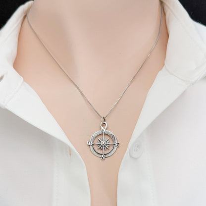 Sterling Silver Compass Necklace, Oxidized North Star Pendant, Graduation Gift Jewelry for Women