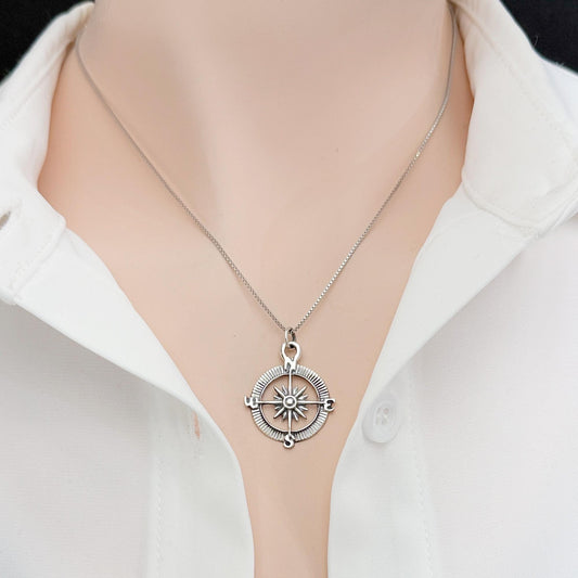 Sterling Silver Compass Necklace, Oxidized North Star Pendant, Graduation Gift Jewelry for Women