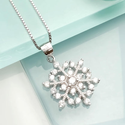 Sterling Silver Snowflake Pendant Necklace with Cubic Zirconia Crystals, Winter Jewelry, Christmas Holiday Present