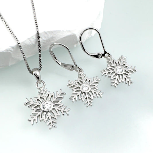 Sterling Silver Snowflake Jewelry Set, Necklace and Earrings with CZ Winter Wedding Jewelry, Christmas Gift for Women, Snowflake Jewelry Set