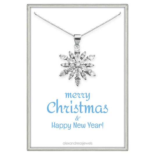 Sterling Silver and CZ Crystal Necklace, Snowflake Necklace for Women, New Year's Gift