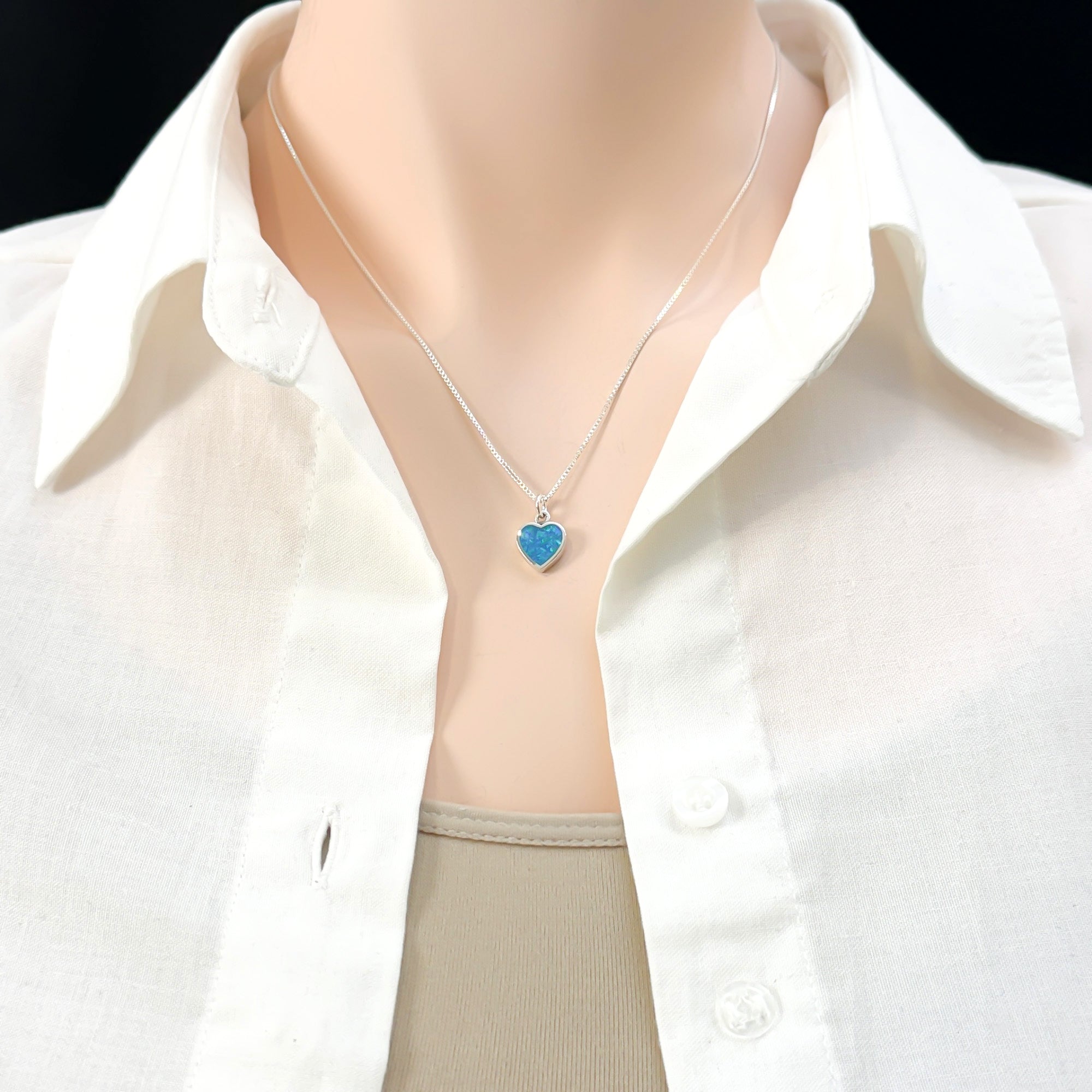 925 Sterling Silver Heart Necklace for Women, Blue Lab Opal