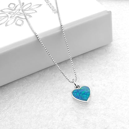 925 Sterling Silver Heart Necklace for Women, Blue Lab Opal Heart Pendant Necklace, Daughter Birthday Gift, Girlfriend Gift for Valentine's Day