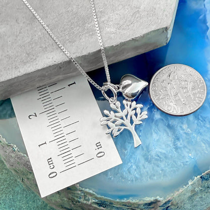 Sterling Silver Tree of Life Necklace with Puffed Heart Charm, Mom Birthday Gift Necklace, Grandmother Gift, Family Tree Necklace