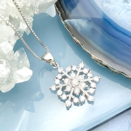 Sterling Silver Snowflake Pendant Necklace with Cubic Zirconia Crystals, Winter Jewelry, Christmas Holiday Present