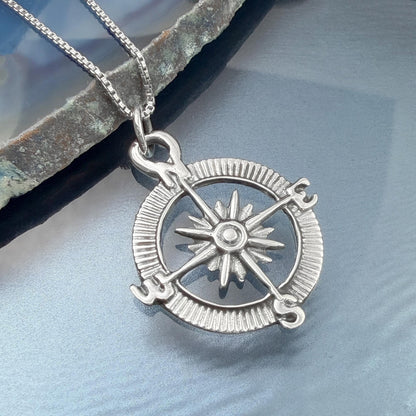 Sterling Silver Compass Necklace, Oxidized North Star Pendant, Graduation Gift Jewelry for Women