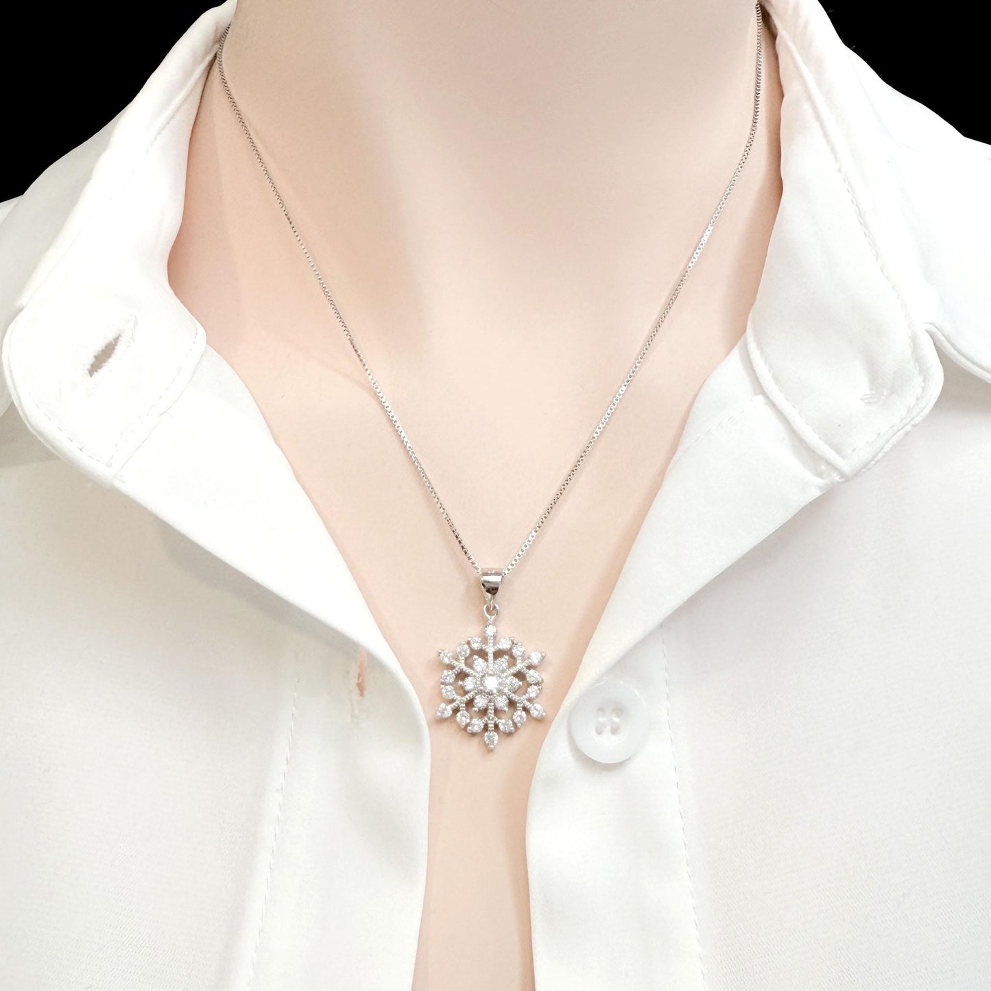 Sterling Silver Snowflake Pendant Necklace with Cubic Zirconia Crystals, Winter Jewelry, Christmas Holiday Present