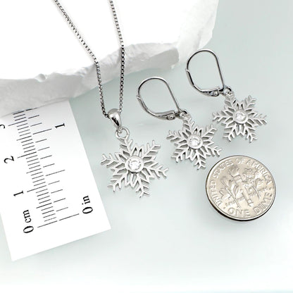 Sterling Silver Snowflake Jewelry Set, Necklace and Earrings with CZ Winter Wedding Jewelry, Christmas Gift for Women, Snowflake Jewelry Set