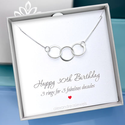 30th Birthday Necklace, 3 Rings for 3 Decades Necklace, Sterling Silver Three Circle Necklace, Best Friend Birthday Gift, Sister Birthday