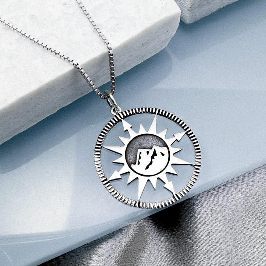 Compass Necklace, Sterling Silver Sunburst Mountain Pendant, Direction Symbol Jewelry