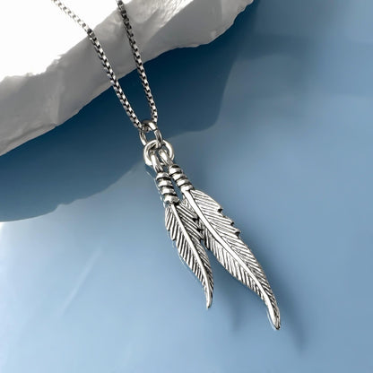 Sterling Silver Double Feather Necklace Pendant with Oxidized Finish, Sterling Silver Feather Jewelry for Women, Feather Charm Necklace