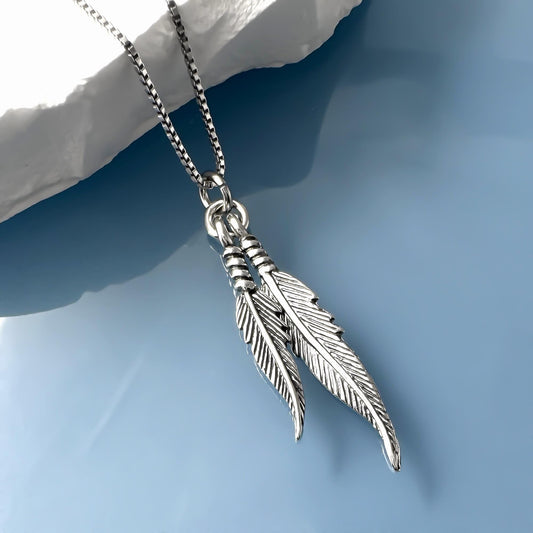 Sterling Silver Double Feather Necklace Pendant with Oxidized Finish, Sterling Silver Feather Jewelry for Women, Feather Charm Necklace