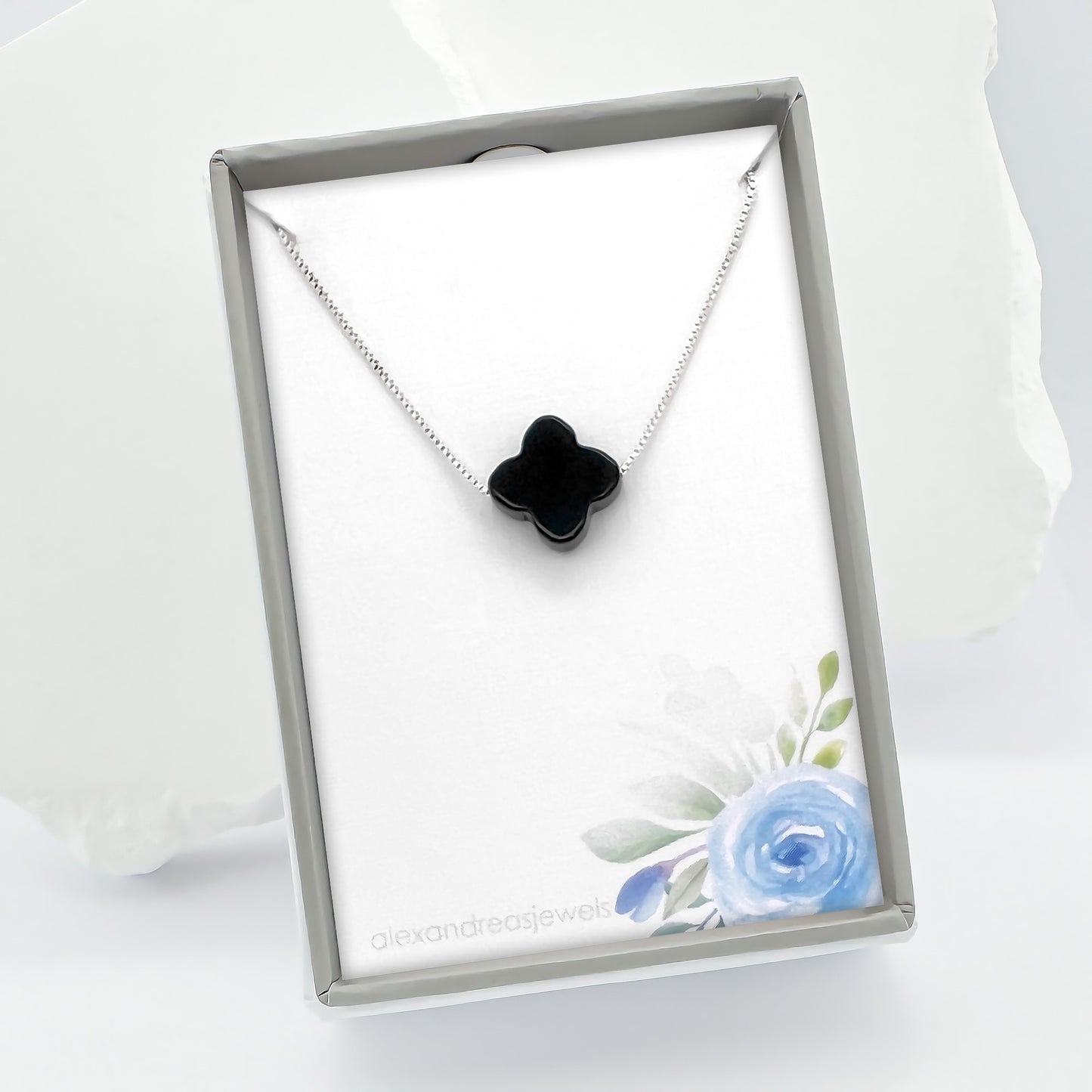 Black Onyx Clover Necklace for Women, Black Onyx Clover Bead on Sterling Silver Necklace Chain, Good Luck Charm Layering Choker Necklace