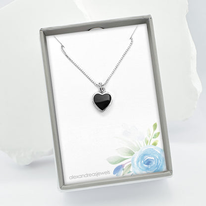 Black Onyx Heart Necklace, Sterling Silver and Black Onyx Heart Necklace, Black Heart, Wife Gift Necklace, Girlfriend Anniversary Gift