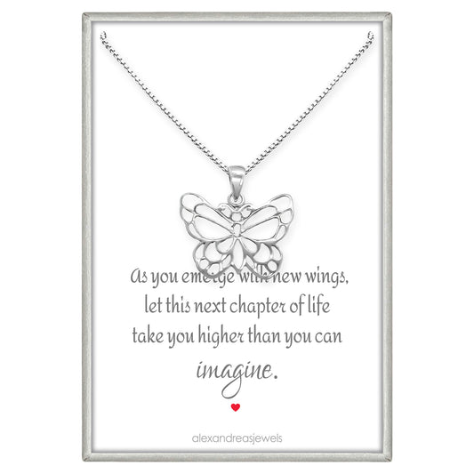 925 Sterling Silver Butterfly Inspirational Motivational Graduation Gift Necklace