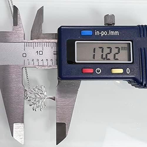 A digital caliper is being used to measure the size of a silver tree pendant.