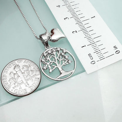 Tree of Life Necklace, Sterling Silver Family Pendant with Heart Charm