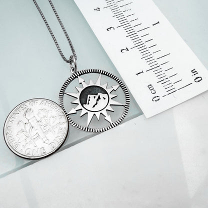 Compass Necklace, Sterling Silver Sunburst Mountain Pendant, Direction Symbol Jewelry