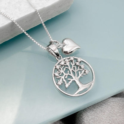 Tree of Life Necklace, Sterling Silver Family Pendant with Heart Charm