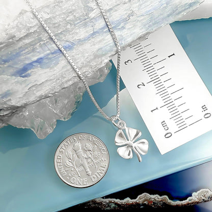 a silver necklace with a pendant, a United States one dollar coin, and a ruler for size comparison.