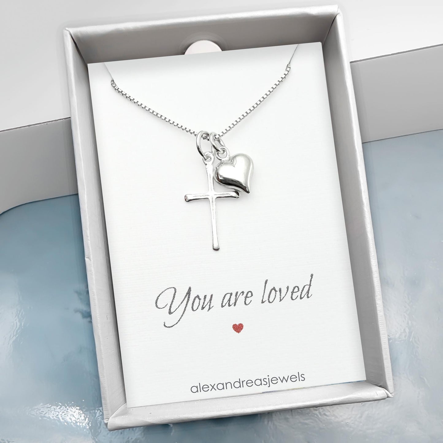 Sterling Silver Cross and Heart Necklace for Women, Faith Inspired Christian Gift, You Are Loved Message Card Jewelry