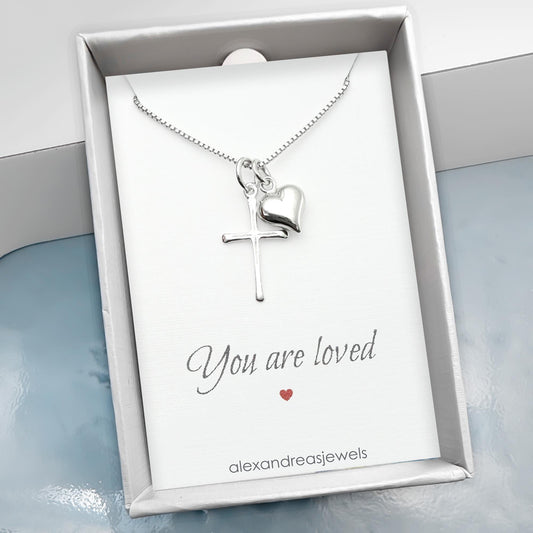 Sterling Silver Cross and Heart Necklace for Women, Faith Inspired Christian Gift, You Are Loved Message Card Jewelry