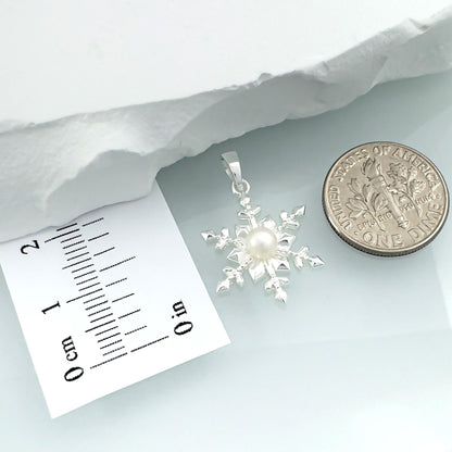 Silver Snowflake Necklace - Freshwater Pearl Pendant on Sterling Silver Chain
