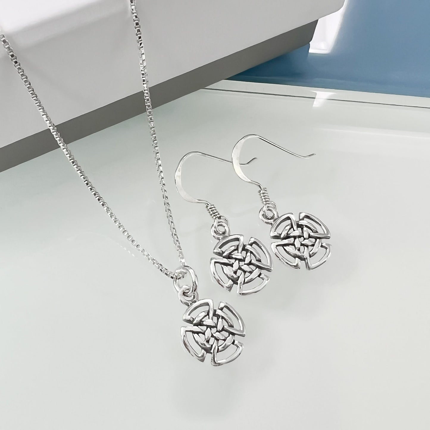 Tiny and Dainty Sterling Silver Celtic Knot Necklace and Earrings Set, Celtic Knot Earrings, Celtic Knot Necklace, Good Luck Charm Jewelry