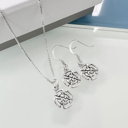 Tiny and Dainty Sterling Silver Celtic Knot Necklace and Earrings Set, Celtic Knot Earrings, Celtic Knot Necklace, Good Luck Charm Jewelry