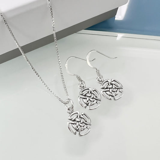 Tiny and Dainty Sterling Silver Celtic Knot Necklace and Earrings Set, Celtic Knot Earrings, Celtic Knot Necklace, Good Luck Charm Jewelry