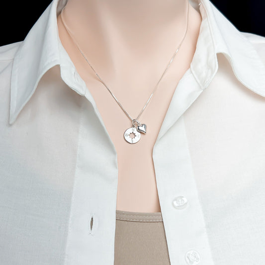 Compass and Heart Necklace, Silver Compass Pendant with Tiny Puffed Heart Charm Necklace,  Daughter Niece Granddaughter Graduation Gift