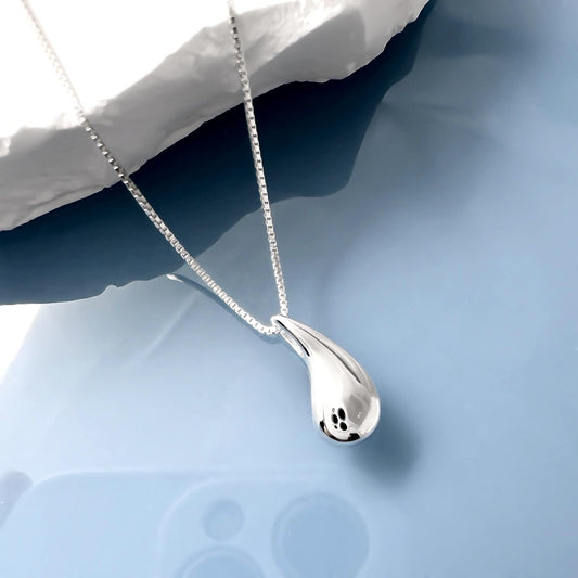 A silver necklace with a pendant is shown against a blue background.