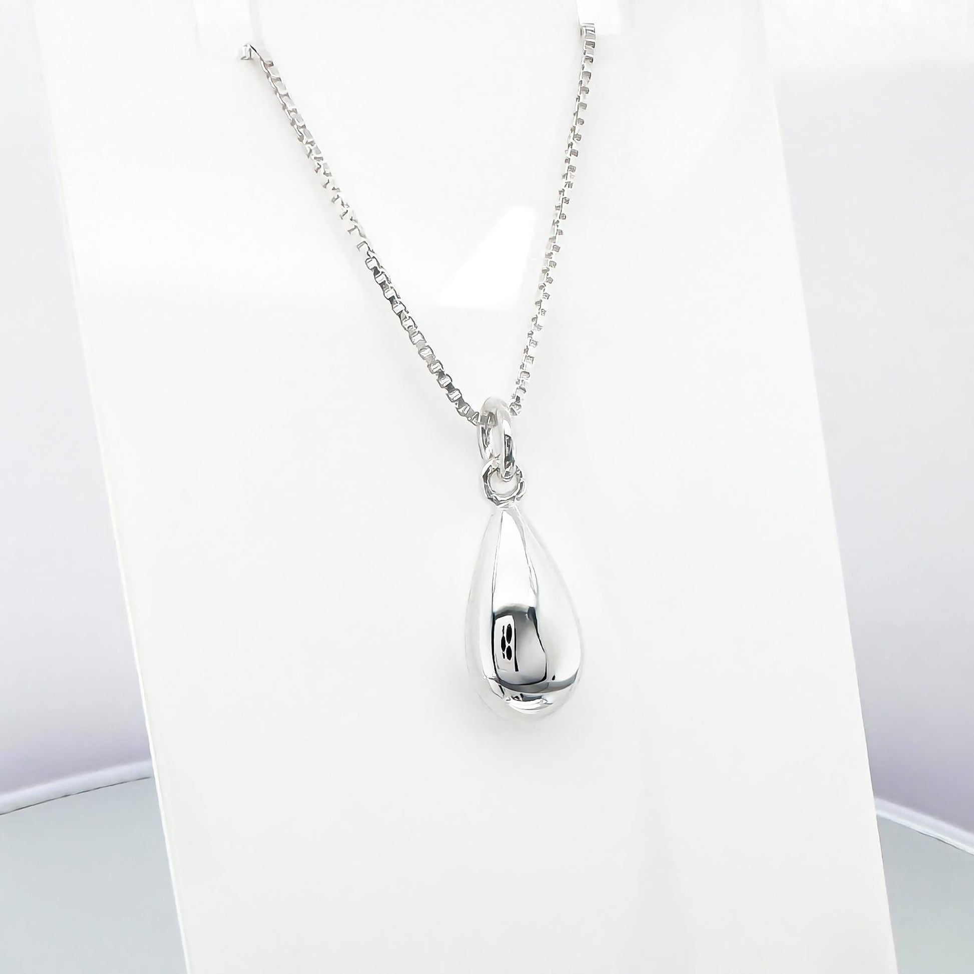 A silver necklace with a pendant is displayed on a white background.