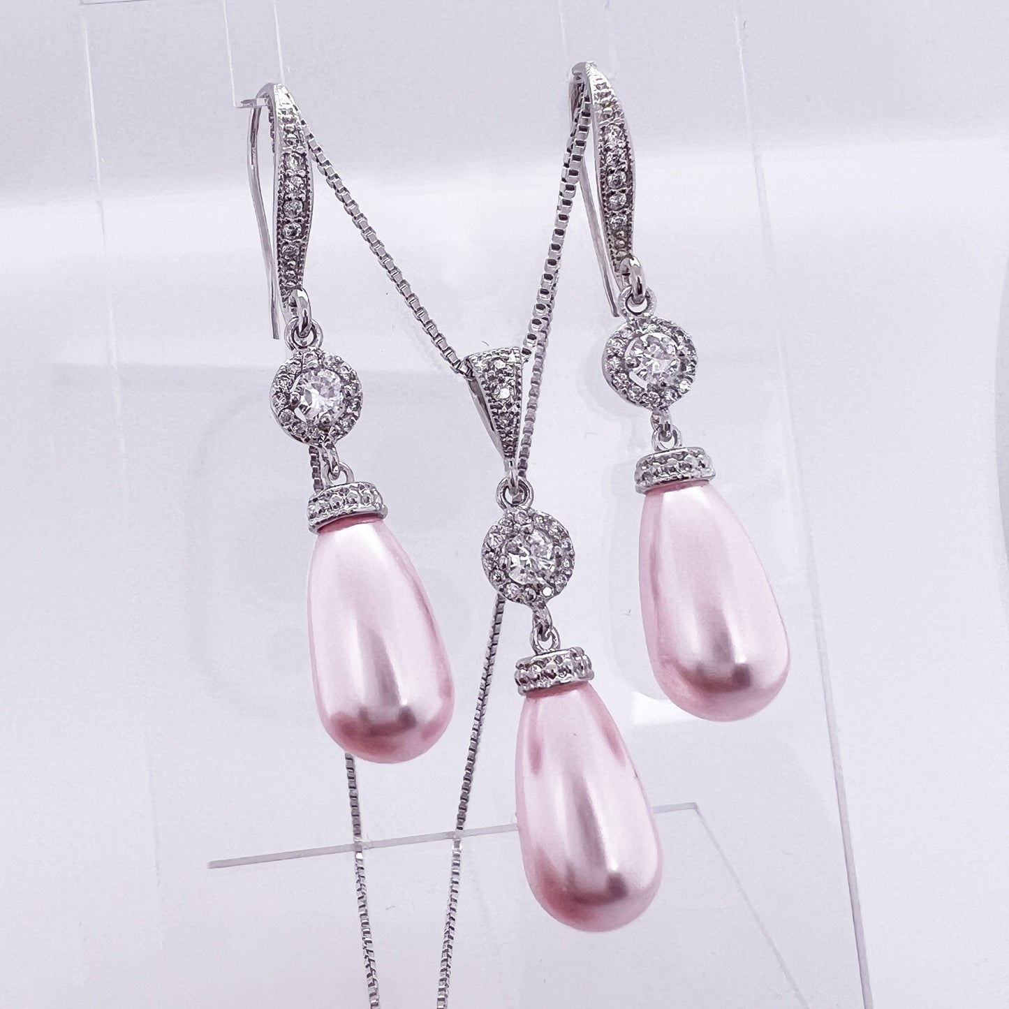 Light Pink Pearl Wedding Jewelry Set, Bridal Necklace and Earrings Set, Light Pink Pearl Wedding Jewelry, Prom Jewelry Set