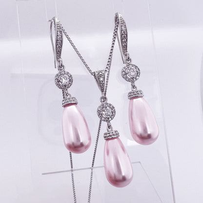 Light Pink Pearl Wedding Jewelry Set, Bridal Necklace and Earrings Set, Light Pink Pearl Wedding Jewelry, Prom Jewelry Set