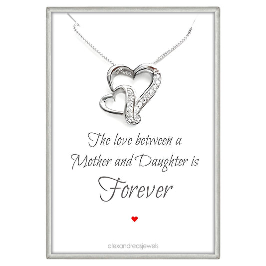 Mother and Daughter Sterling Silver Double Heart Necklace