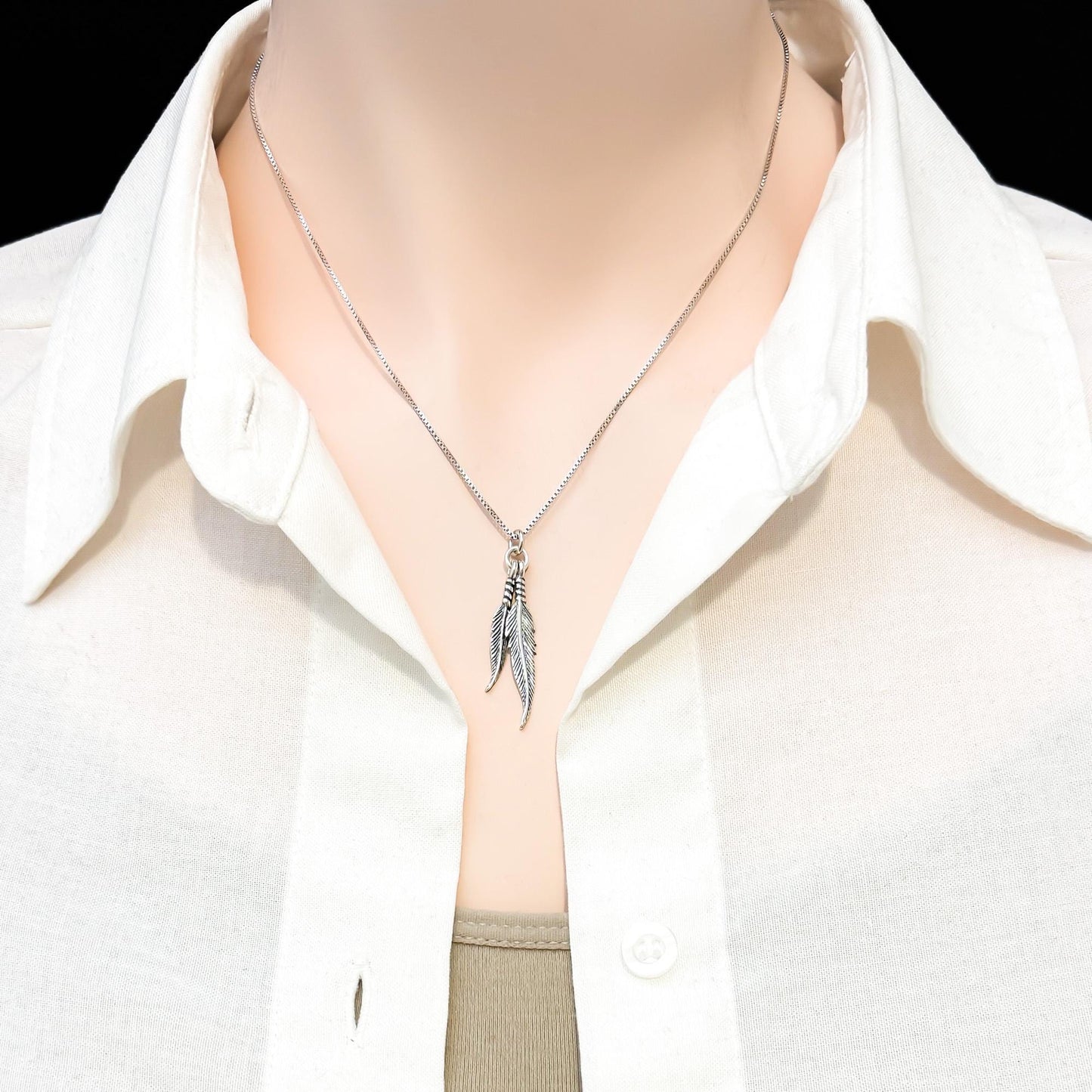 Sterling Silver Double Feather Necklace Pendant with Oxidized Finish, Sterling Silver Feather Jewelry for Women, Feather Charm Necklace