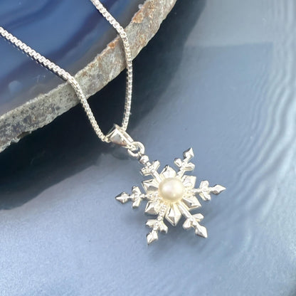 Silver Snowflake Necklace - Freshwater Pearl Pendant on Sterling Silver Chain
