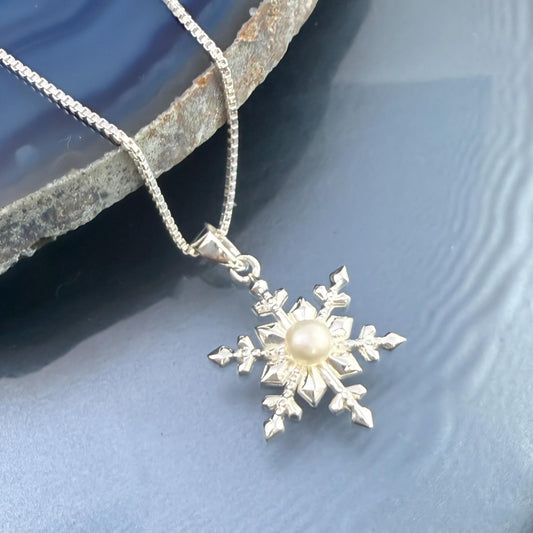 Silver Snowflake Necklace - Freshwater Pearl Pendant on Sterling Silver Chain