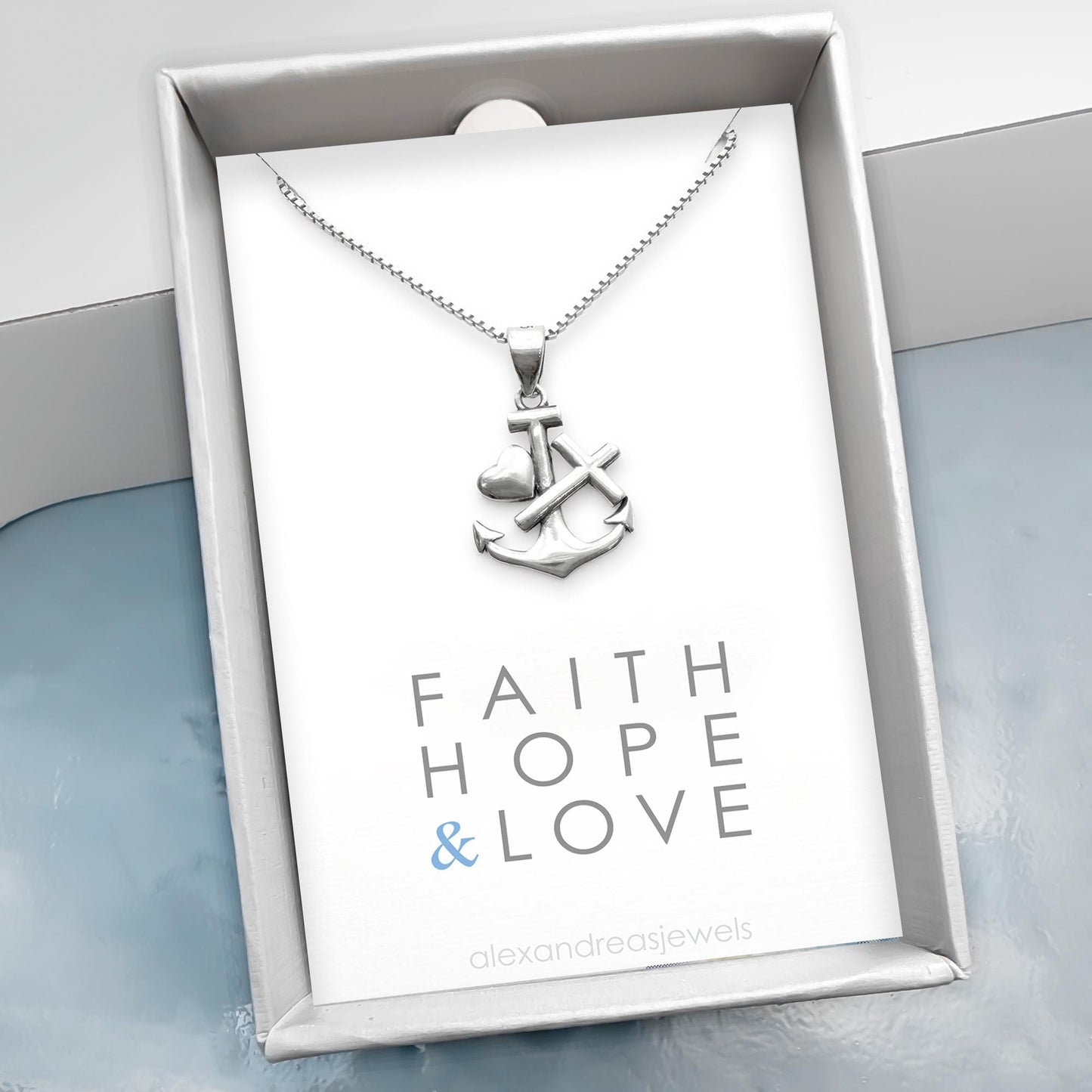 Sterling Silver Faith Hope Love Necklace, Anchor Cross Heart Pendant, Christian Gift for Her