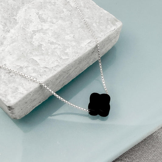 Black Onyx Four Leaf Clover Necklace Sterling Silver Lucky Charm Minimalist Everyday Jewelry Gift