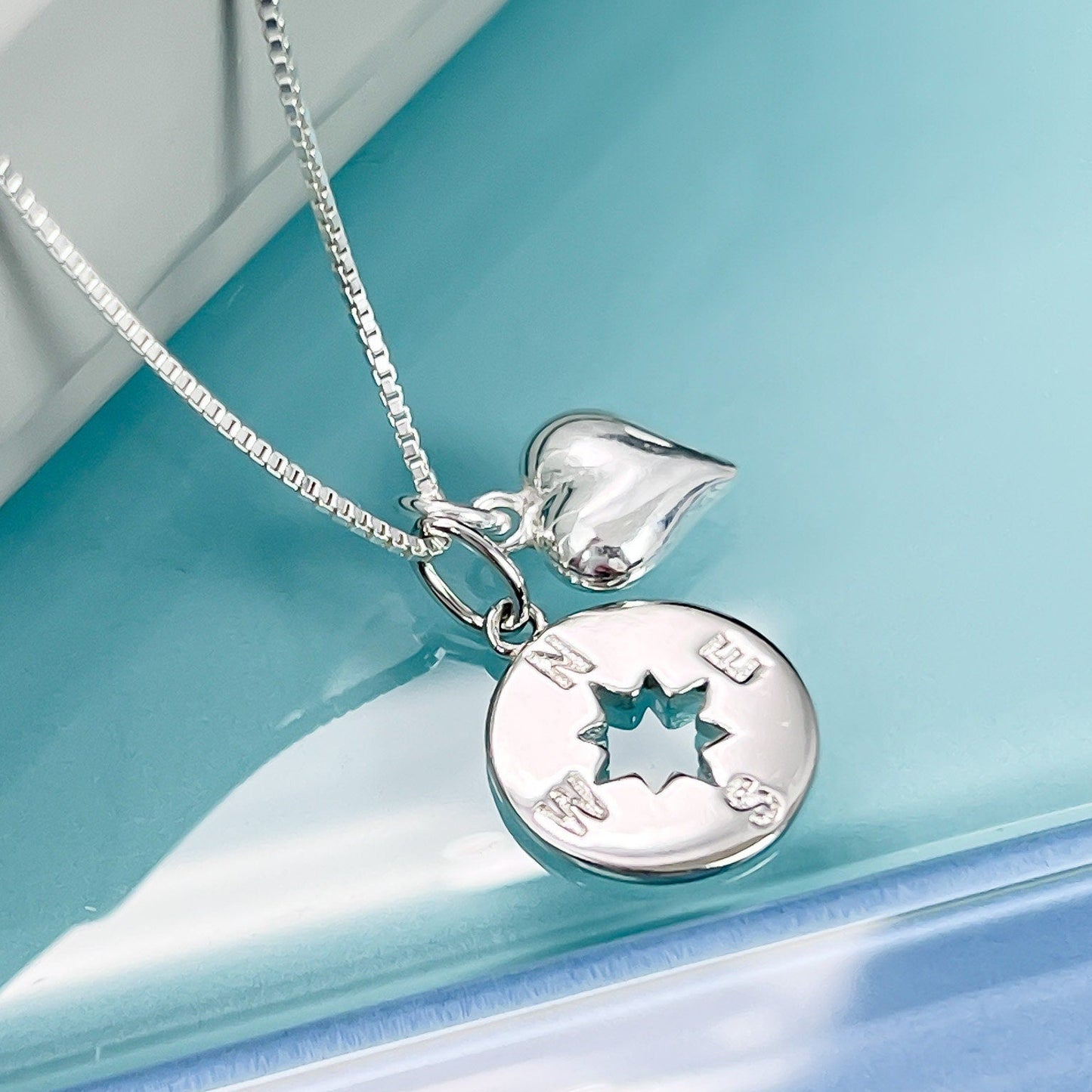 Compass and Heart Necklace, Silver Compass Pendant with Tiny Puffed Heart Charm Necklace,  Daughter Niece Granddaughter Graduation Gift