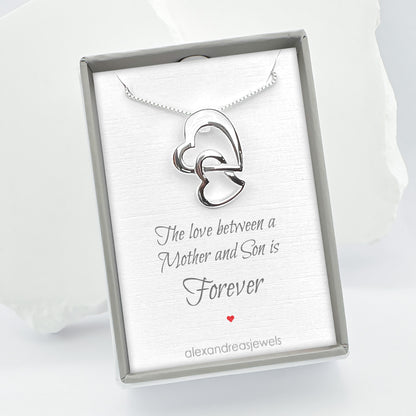 Double Heart Necklace, Sterling Silver Heart Necklace, Mother Gift Necklace, Gift from Son, Mother Son Necklace Sterling Silver (Mother and Son)